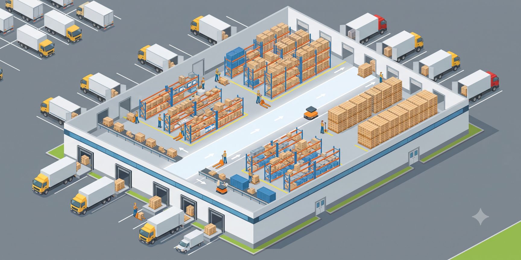Illustrative Vektordiagramm-Ansicht eines I-Shape Durchfluss-Lagers. Wareneingang auf der einen, Warenausgang auf der gegenüberliegenden Seite. Ein gerader, beleuchteter Pfad zeigt den ununterbrochenen Warenfluss.